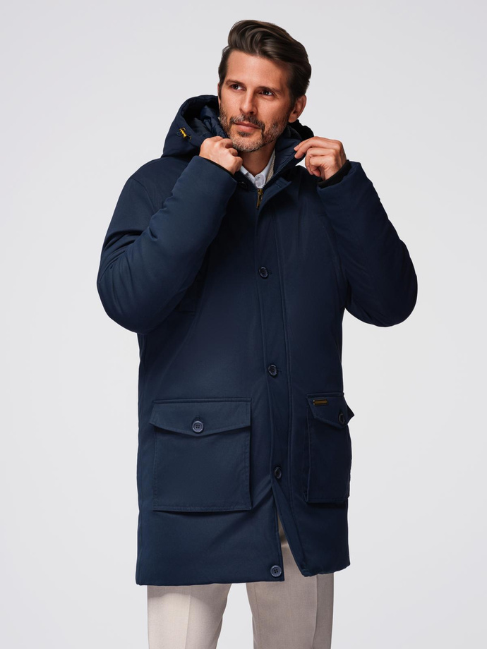 Elegant men's parka with cargo pockets and hood - navy blue V2 OM-JAPJ-0287
