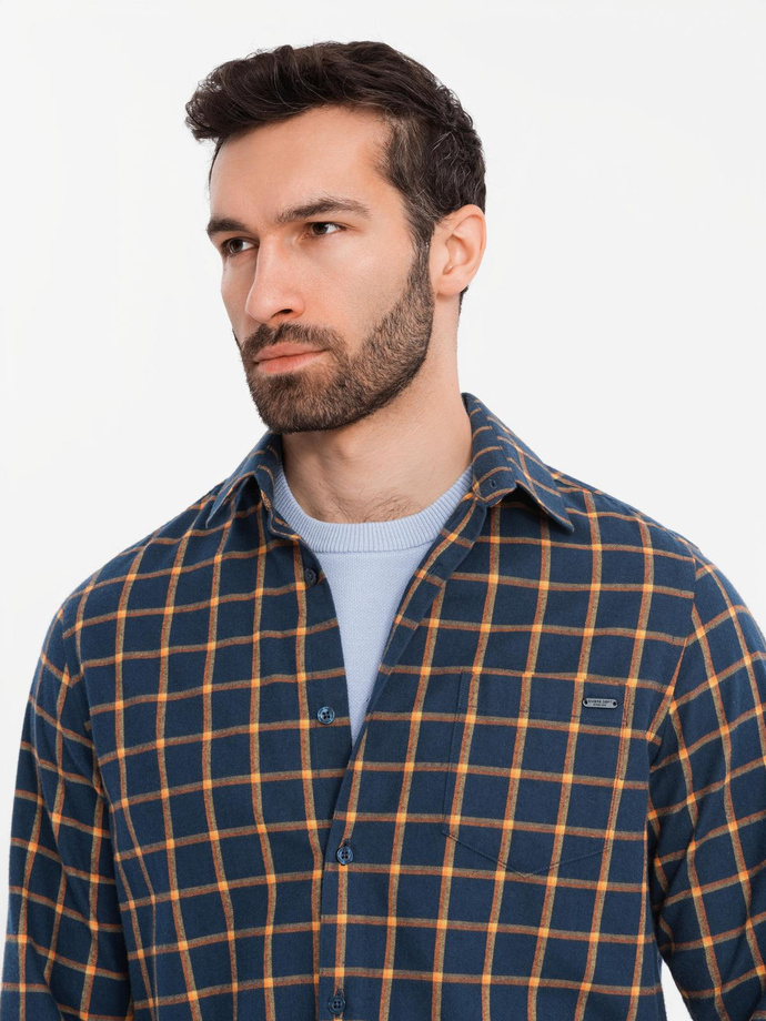 Męska flanelowa koszula w kratę SLIM FIT - granatowo-pomarańczowa V1 OM-SHCS-0145