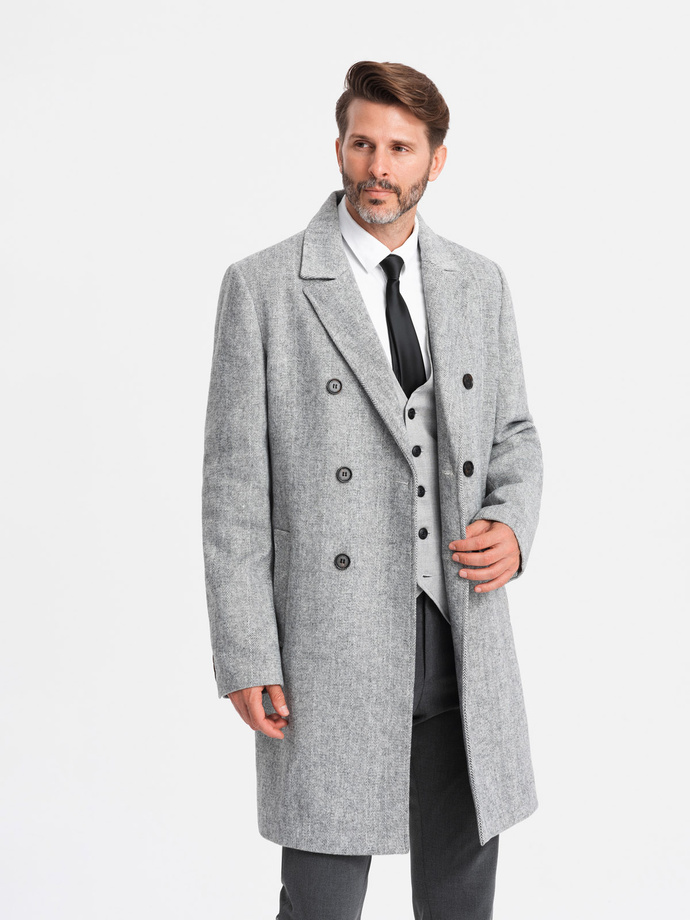 Elegant double-breasted men's herringbone coat - grey V1 OM-COWC-0118