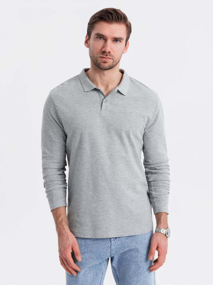 Męski longsleeve z kołnierzykiem polo BASIC – szary melanż V4 OM-POBL-0114