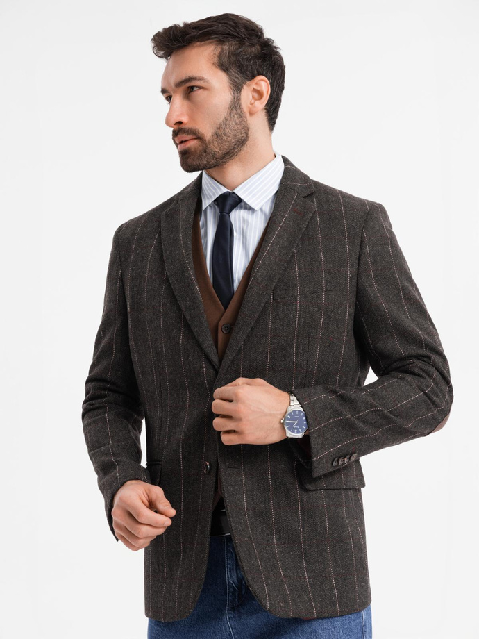 Męska elegancka marynarka w kratkę z domieszką wełny – ciemnobrązowa V3 OM-BLZB-0137