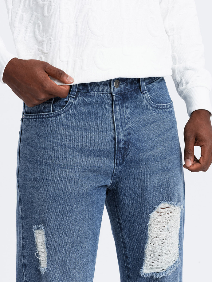 Men's TAPERED FIT denim pants with holes - dark blue V3 OM-PADP-0175