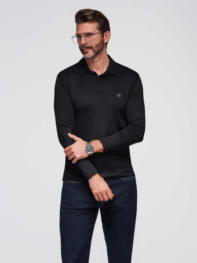 Polo long sleeve shirt with elegant branded buttons - black V1 OM-POLS-0139