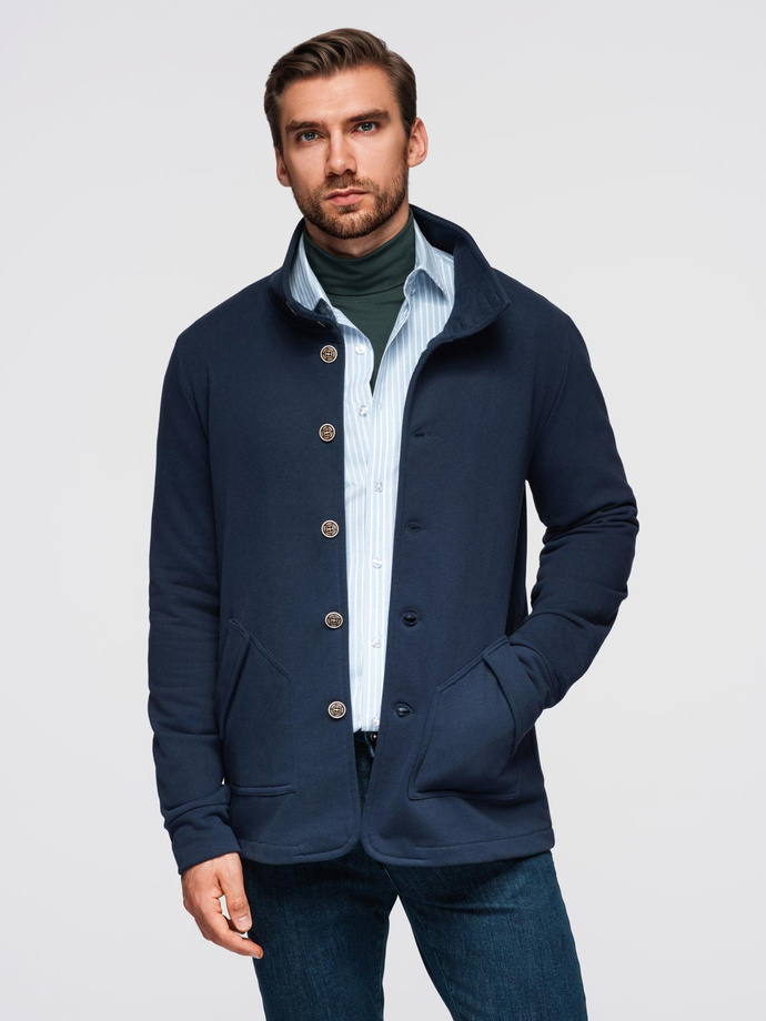 Washed men's sweatshirt with decorative stitching at the neckline - navy blue V4 OM-SSDS-0131