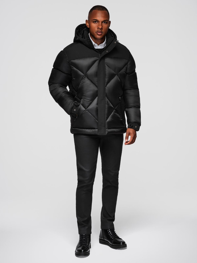 Men's quilted jacket with high zipped hood - black V1 OM-JAHP-0238