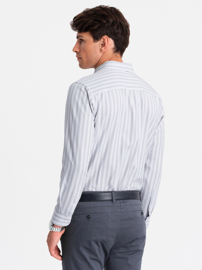 Men's REGULAR FIT shirt in white stripes with pocket - grey V1 OM-SHOS-0171