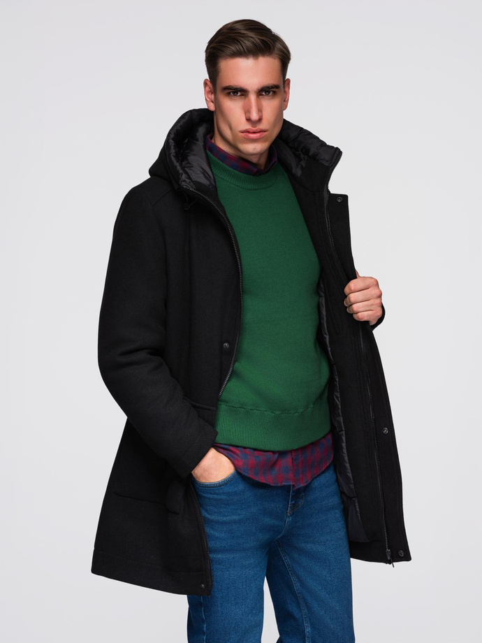 Men's insulated coat with hood and concealed zipper - black V1 OM-COWC-0110