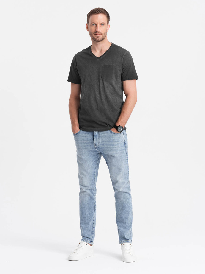 Męski t-shirt V-neck o pręgowanej strukturze z kieszonką – czarny V6 OM-TSCT-22SS-002
