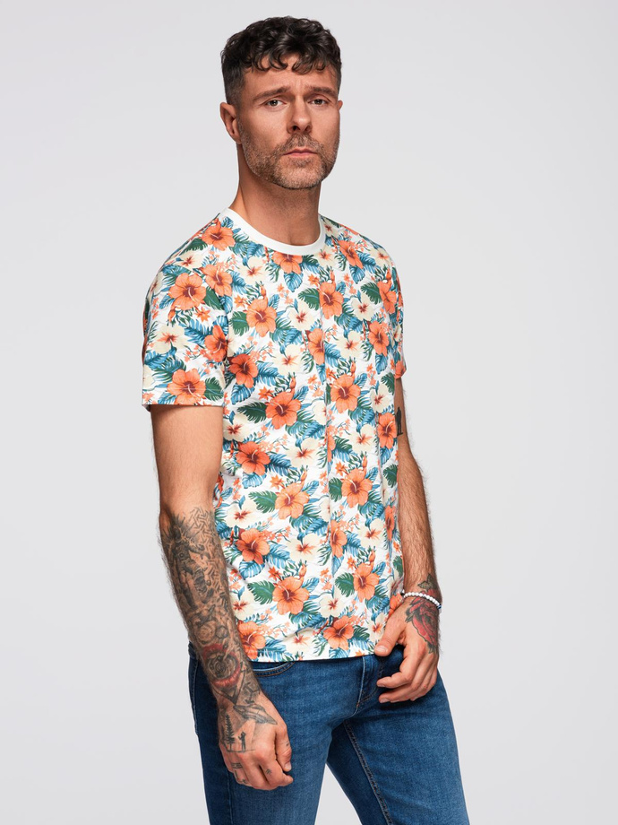 Men's cotton t-shirt with floral full print pattern - white V1 OM-TSFP-0249