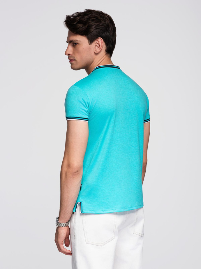 Men's henley t-shirt with decorative ribbing - turquoise V7 OM-TSCT-0175