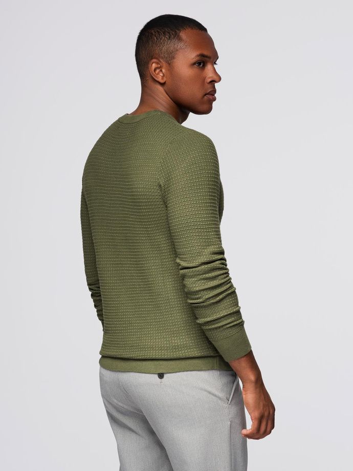 Structured men's sweater with round neckline - olive V1 OM-SWSW-0181