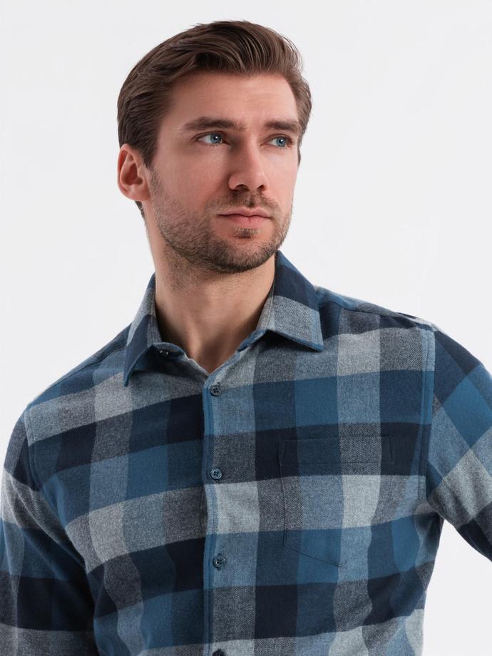 Koszula męska flanelowa w kratę - niebieska V4 OM-SHCS-0150