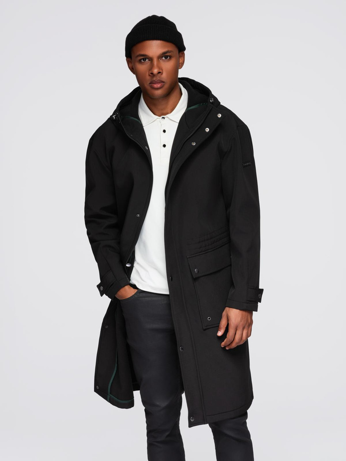 Men's faux leather jacket with ribbed bottom hem - black V2 OM-JAFL-0109