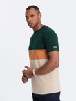 T-shirt męski trójkolorowy w szerokie pasy - zielono-beżowy V4 OM-TSCT-0152