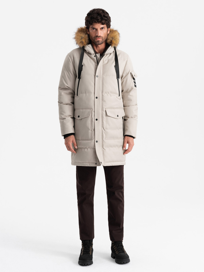 Men's long warm parka jacket with hood - beige V5 OM-JALJ-0182