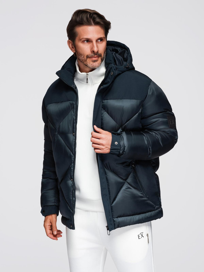 Men's hooded jacket with geometric diamond quilting - navy blue V2 OM-JAHP-0237
