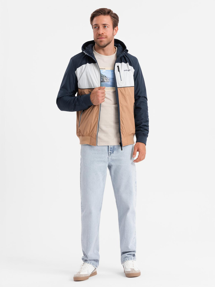 Lightweight colorful men's sports jacket with fleece - brown and navy blue V1 OM-JANP-0194