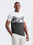 Men's two-tone t-shirt with palm leaf print - graphite V2 OM-TSPT-0177