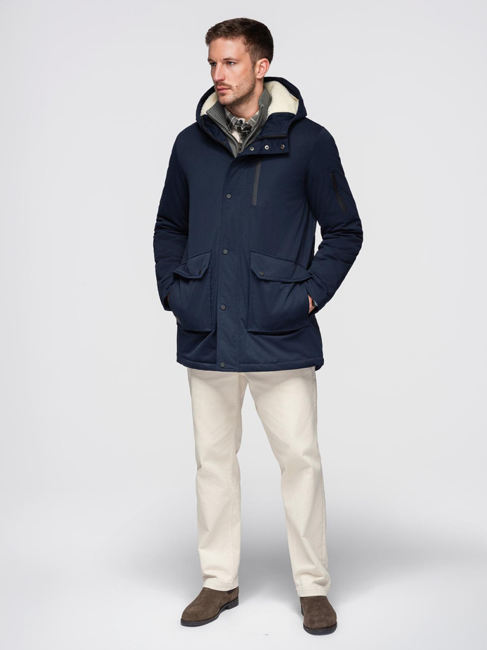 Men's long parka jacket with sheepskin - navy blue V2 OM-JAPJ-0316