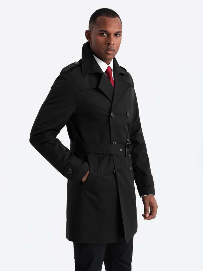 Elegancki płaszcz męski trencz SLIM FIT z paskiem – czarny V2 OM-COSC-0126