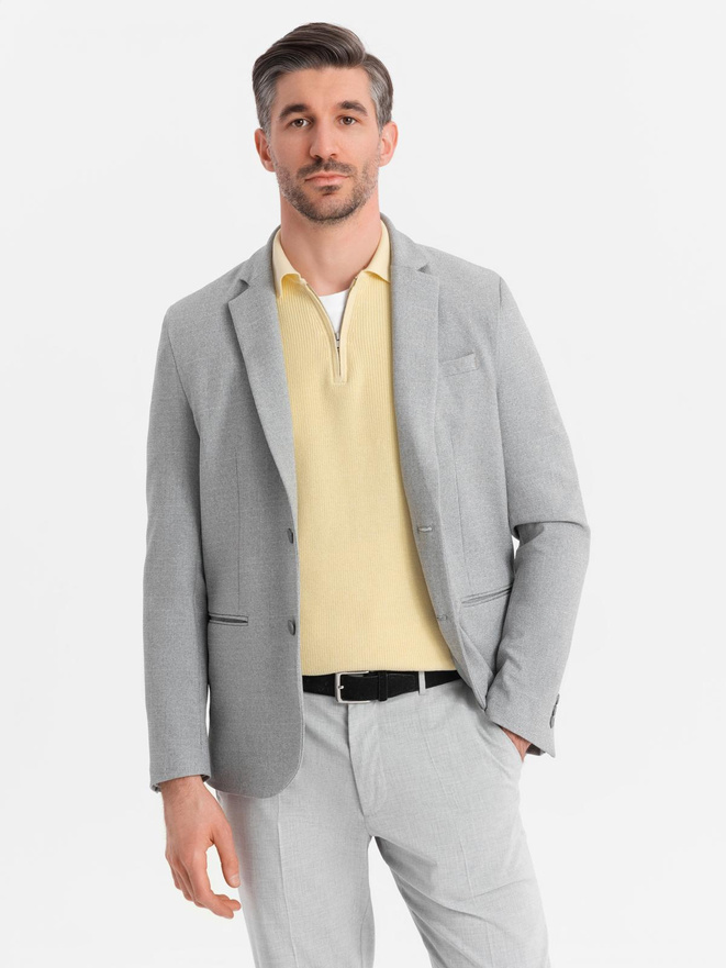 Marynarka męska elegancka z dekoracyjnymi guzikami na mankietach - szara V2 OM-BLZB-0114