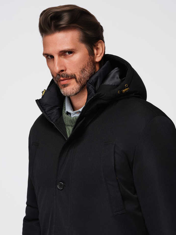 Elegant men's parka with cargo pockets and hood - black V1 OM-JAPJ-0287
