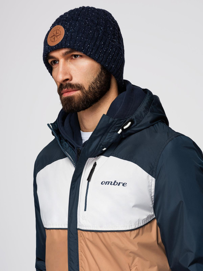 Lekka kolorowa męska kurtka sportowa z polarem – brązowo-granatowa V1 OM-JANP-0194