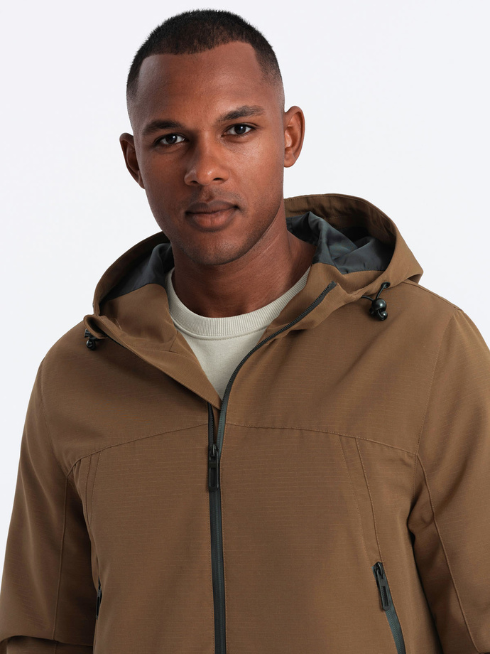 Men's lightweight storm jacket with hood - brown V2 OM-JANP-0191
