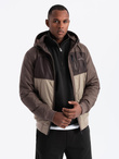 Lightweight colorful men's sports jacket with fleece - beige and dark brown V19 OM-JANP-0194