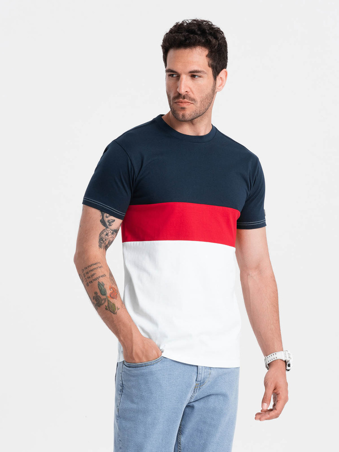 Men's tricolor T-shirt with wide stripes - navy blue and white V1 OM-TSCT-0152