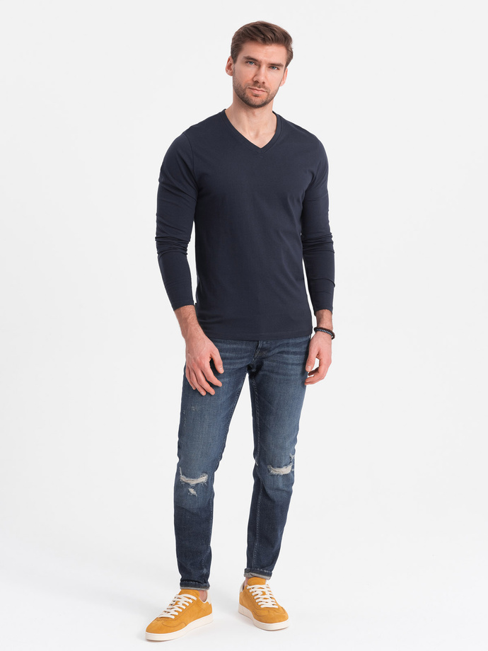 Męski longsleeve bez nadruku z dekoltem w serek - granatowy V5 OM-LSBL-0108