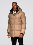 Długa męska kurtka puffer z zapinanymi kieszeniami – brązowa V2 OM-JALJ-0186