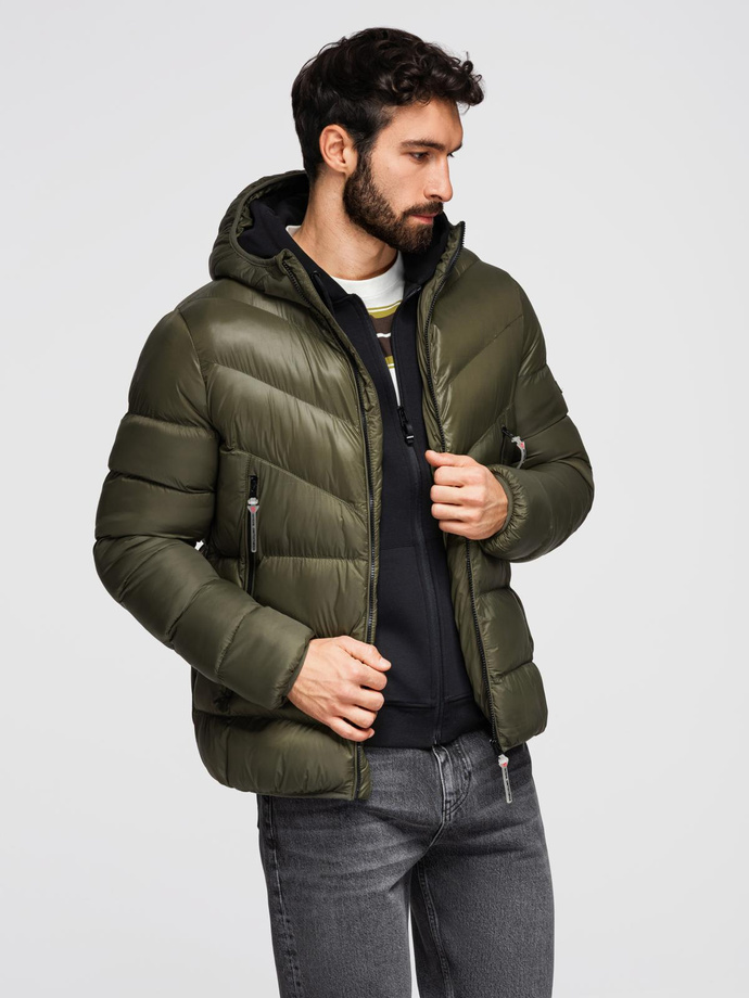 Men's quilted winter jacket with combined materials - dark olive green V3 OM-JAHP-0145