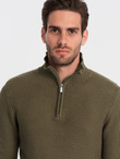 Men's knitted sweater with spread collar - olive V6 OM-SWZS-0105