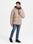 Men's puffer jacket with check lining - beige V2 OM-JAHP-0205