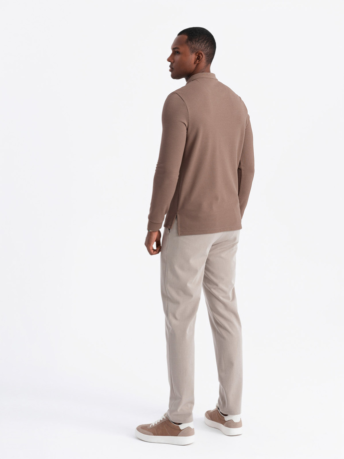 Men's structured polo longsleeve with patch - brown V4 OM-POLS-0131