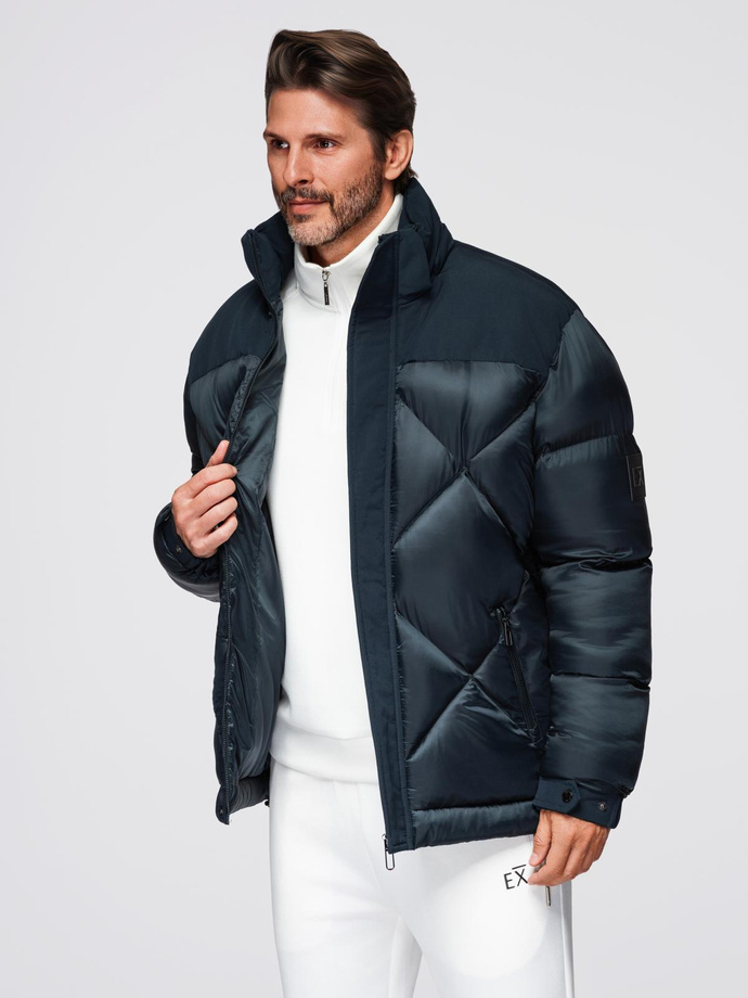 Men's quilted jacket with high zipped hood - black V1 OM-JAHP-0238