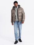 Warm men's puffer jacket with welts - dark beige V3 OM-JAHP-0207