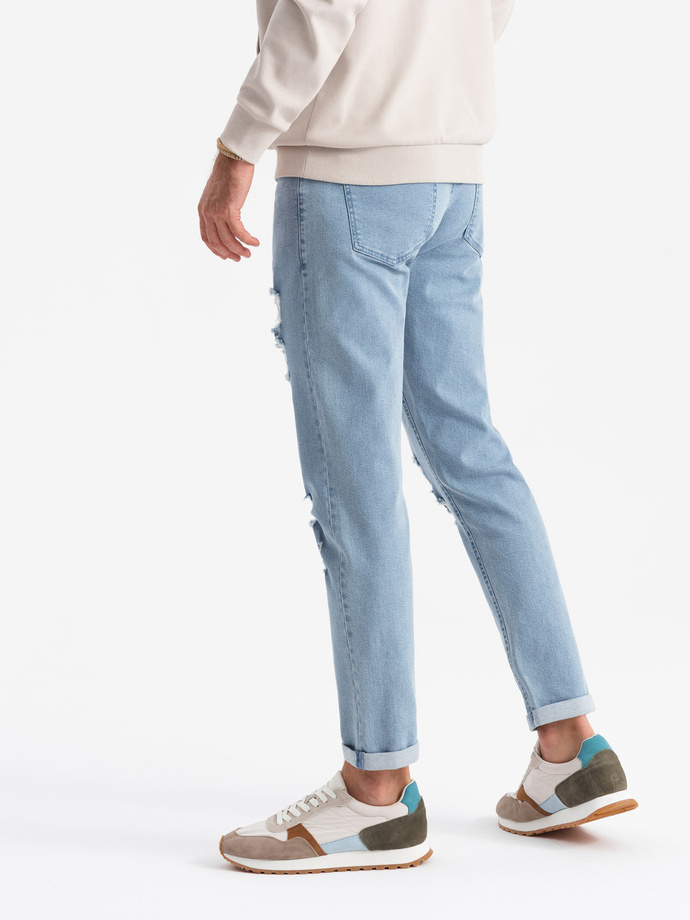 Washowane męskie jeansowe spodnie TAPERED FIT z przetarciami – błękitne V1 OM-PADP-0163