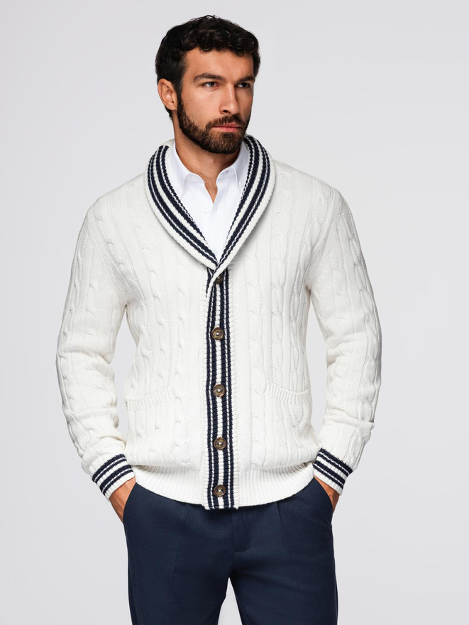 Men's cardigan sweater with shawl collar in preppy style - white V1 OM-SWCD-0152