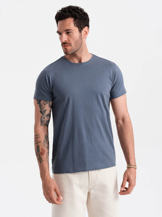 T-shirt męski klasyczny bawełniany BASIC - ciemnoniebieski V18 OM-TSBS-0146