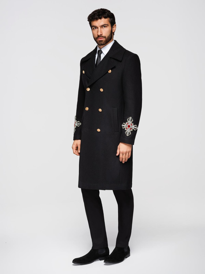 Men's double-breasted coat with wool and bead appliqués on sleeves - black V1 OM-COWC-0148