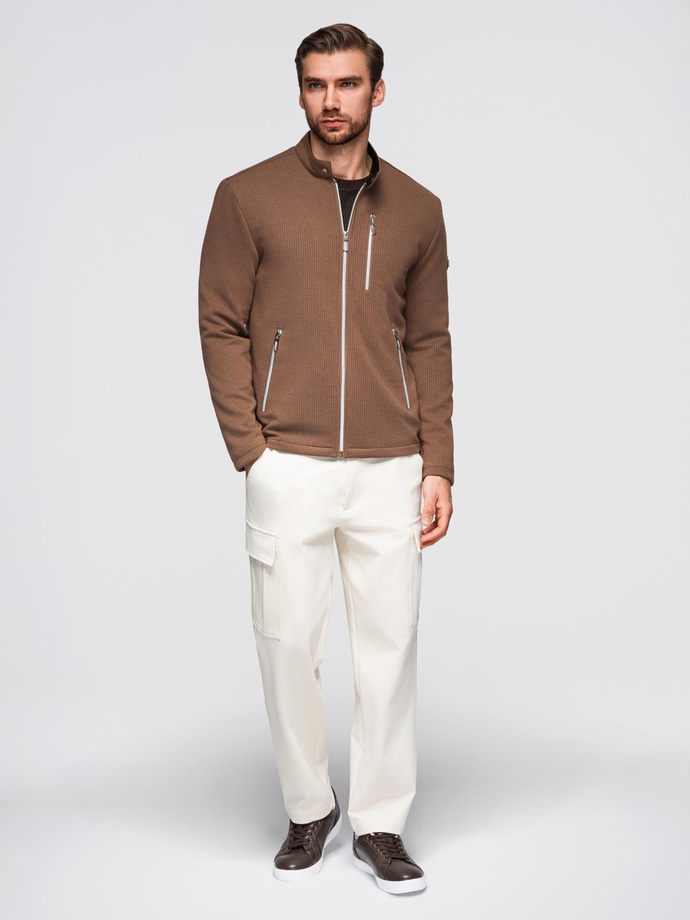 Męska strukturalna kurtka biker ze stójką  – brązowa V2 OM-JANP-0229