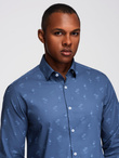 Klasyczna męska bawełniana koszula SLIM FIT w palmy - ciemnoniebieska V5 OM-SHCS-0156