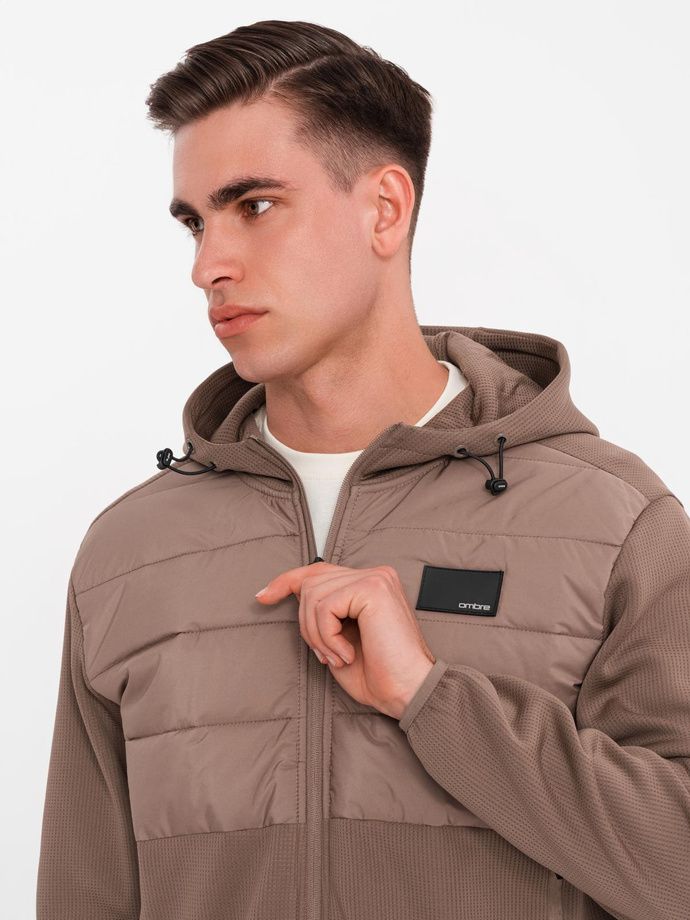 Men's lightweight jacket of combined materials with hood and decorative quilting - light brown V2 OM-JANP-0160