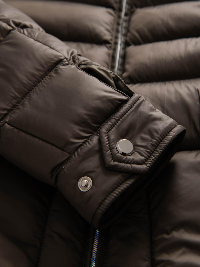 Men's imitation leather jacket with ribbed hem - dark brown V1 OM-JAFL-0109