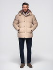 Men's puffer jacket with check lining - beige V2 OM-JAHP-0205