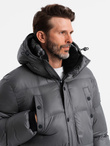 Men's long puffer jacket with snap pockets - graphite V1 OM-JALJ-0186