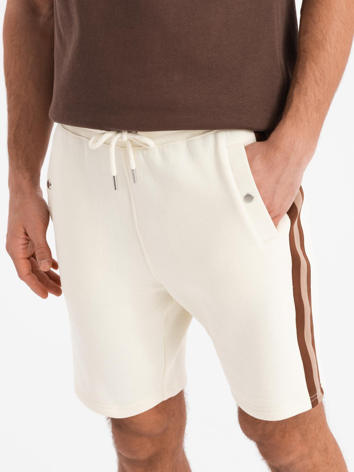 Men's sweat shorts with piping and drawstring waistband - cream V3 OM-SRSK-0156