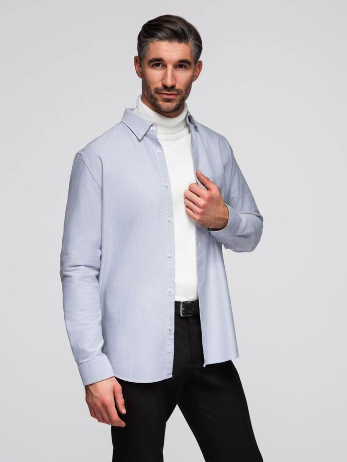 Elegancka męska koszula oxford z haftem – błękitna V1 OM-SHOS-0172
